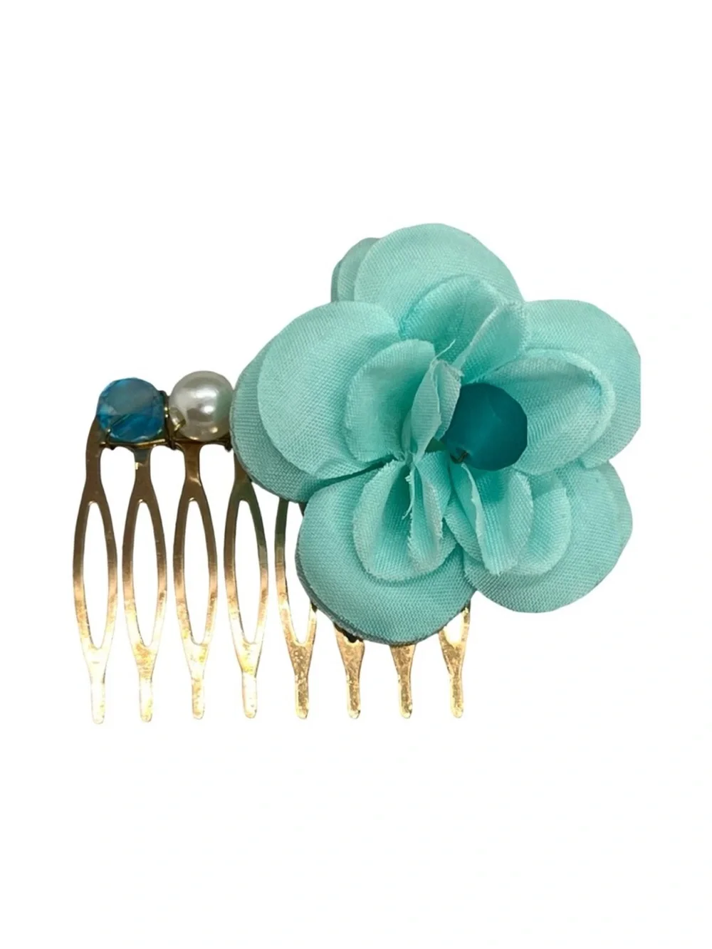 Aqua Fabric Flower Hair Comb with Pearl & Crystal Accent FINAL PRICE DROP
